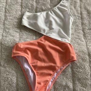 Cutout Ribbed One Shoulder Swimsuit WHITE/ORANGE